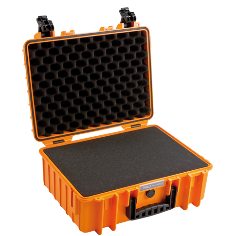 An open orange colored suitcase.